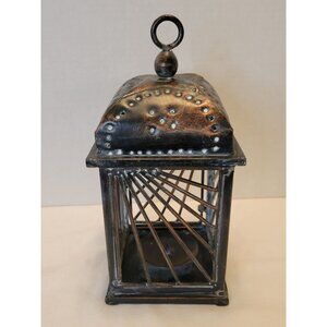 Rustic Metal Lantern Candle Holder Distressed Copper Finish 11" Tall